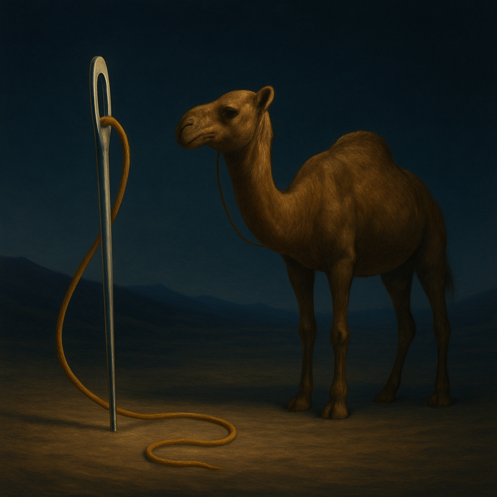Does God Hate the Rich? a camel standing next to a very large needle with a rope going through the eye of the needle